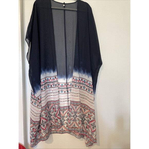 LANE BRYANT Plus Navy Ombre Boho Kaftan Kimono Cardigan Long Maxi O/S Sheer - Picture 1 of 6